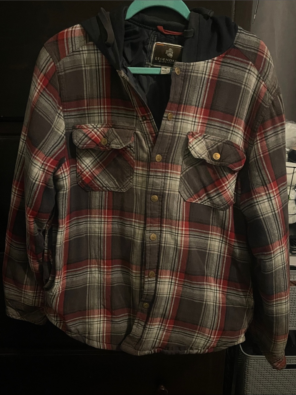 #161 Legendary Whitetails Red & Gray Plaid Hooded Flannel Jacket
